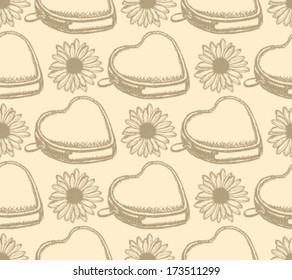 Heart wallet and daisy, vector sketch seamless pattern