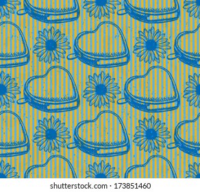 Heart wallet and daisy, vector sketch seamless pattern
