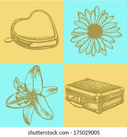 Heart wallet, flowers and suite case, vector sketch background 