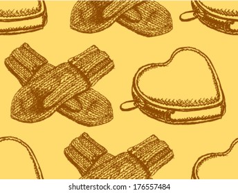 Heart wallet and knitted mittens, vector seamless pattern