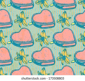 Heart wallet and lily, vector sketch seamless pattern