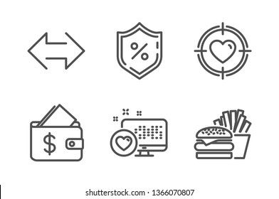 Heart, Wallet and Loan percent icons simple set. Sync, Valentine target and Burger signs. Social media, Affordability. Line heart icon. Editable stroke. Vector