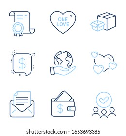 Heart, Wallet and Packing boxes line icons set. Diploma certificate, save planet, group of people. Payment message, Mail correspondence and One love signs. Vector