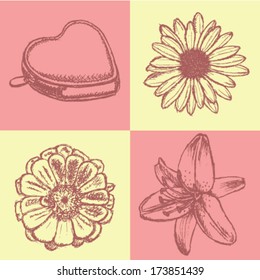 Heart wallet, vector sketch background 