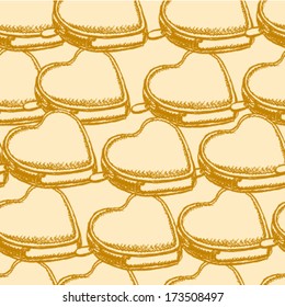 Heart wallet, vector sketch seamless pattern