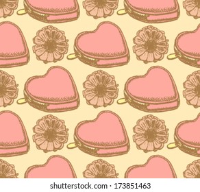 Heart wallet and zinnia, vector sketch seamless pattern