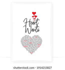 Heart wants love, vector. Love concept. Heart silhouette, illustration. Noun love written in different languages. Wording design isolated on white background. Wall decals, wall art. Poster design 