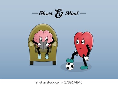 Heart wants to play but mind is busy reading a book. Vector simple illustration