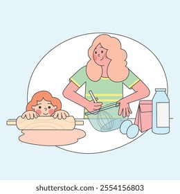 A heart warming illustration depicting a mother and her young child cooking together in a cozy domestic kitchen. 