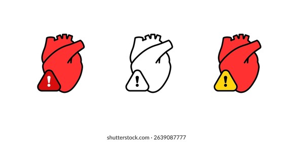 Heart with warning icon conveys caution. red and white variations highlight urgency and alertness.