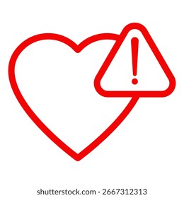 Un símbolo de corazón de Vector con un triángulo de advertencia. Se puede utilizar para emergencias médicas, riesgos para la salud, angustia o peligros amorosos. Perfecto para UI UX.