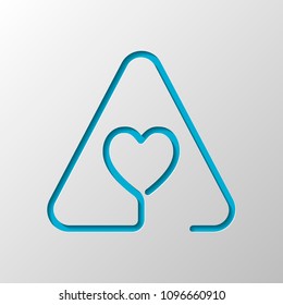 Heart in warning triangle. Linear icon with thin outline. One line style. Paper design. Cutted symbol with shadow