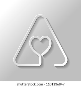 Heart in warning triangle. Linear icon with thin outline. One line style. Paper style with shadow on gray background