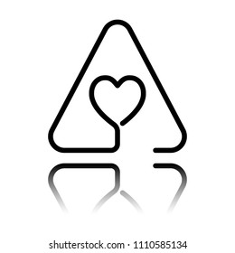 Heart in warning triangle. Linear icon with thin outline. One line style. Black icon with mirror reflection on white background