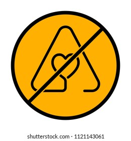 Heart in warning triangle. Linear icon with thin outline. One line style. not allowed, black object in warning sign with orange background color
