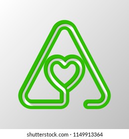 Heart in warning triangle. Linear icon with thin outline. One line style. Paper style. Cut symbol with green bold contour on shape and simple shadow