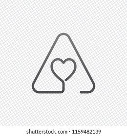 Heart in warning triangle. Linear icon with thin outline. One line style. On grid background