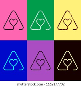 Heart in warning triangle. Linear icon with thin outline. One line style. Pop art style. Scratched icons on 6 colour backgrounds.