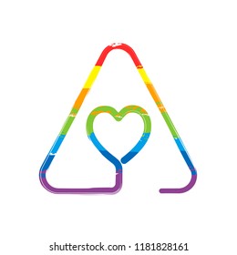 Heart in warning triangle. Linear icon with thin outline. One line style. Drawing sign with LGBT style, seven colors of rainbow (red, orange, yellow, green, blue, indigo, violet
