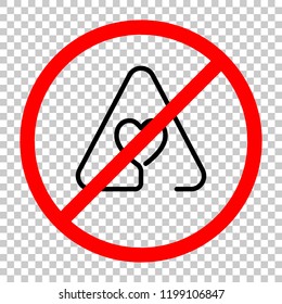 Heart in warning triangle. Linear icon with thin outline. One line style. Not allowed, black object in red warning sign with transparent background