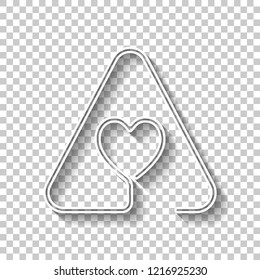 Heart in warning triangle. Linear icon with thin outline. One line style. White outline sign with shadow on transparent background