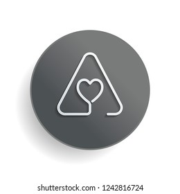 Heart in warning triangle. Linear icon with thin outline. One line style. White paper symbol on gray round button or badge with shadow