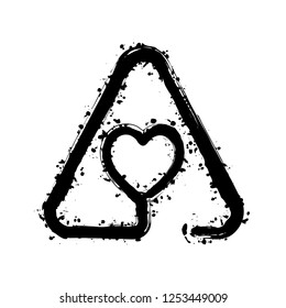 Heart in warning triangle. Linear icon with thin outline. One line style. Black ink with splashes on white background