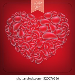 Heart from water drops on red background. EPS 10 vector file included