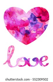 Heart, watercolor, elements for your valentines. Violet, purple, pink tones. Isolated on white background.