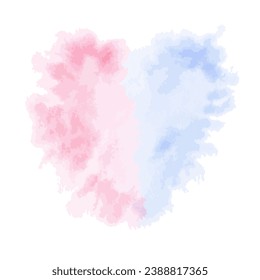 Heart Watercolor Stain. Vector illustration of paint spot of blue and pink colors. Hand drawn isolated splash texture. Brush stroke painting in pastel colors. For cards at the gender reveal party