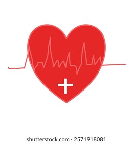 Heart waveform with heart as symbol, heart rate graph line, red heart, white graph line and a device