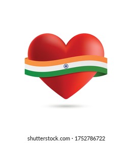 Heart with waving India flag. Vector illustration.
