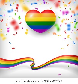 Heart and waving ribbon with flag of LGBT pride banner. Happy pride month or another holiday event festive poster template design. Love, freedom, support realistic vector illustration.