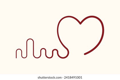 Heart with wavy cardiogram in linear style. Isolated drawing of a heart, symbolic representation of heartbeat. Simple line art, vector illustration.