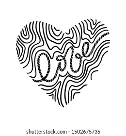 Heart with wavy pattern and the word love in the form of rope. Doodle vector illustration on black background. St. Valentine's Day. 