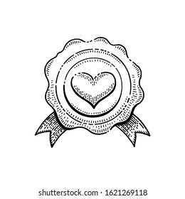 Heart wax stamp doodle sketch icon. Valentine's day engraved symbol. Happy Valentine vintage line vector illustration isolated white background, Romantic love drawing for greeting card, retro sticker