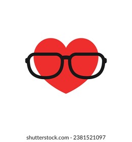 Heart wearing large glasses with transparent lenses. Color vector.