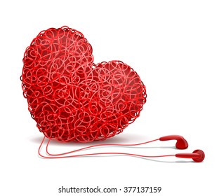 Heart weaved from variety of twisted red wires and earphones nearby, on white background. Listening to your heart concept