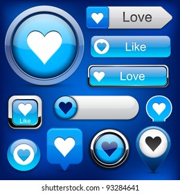 Heart web blue buttons for website or app. Vector eps10.