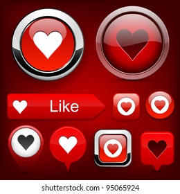 Heart web red buttons for website or app. Vector eps10.