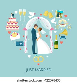 Heart wedding composition with couple wedding elements or icons around and title just married vector illustration