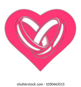 heart. Wedding rings, vector, illustration. Laser cut. Plotter cutting. Crafts from paper. Sticker. pink