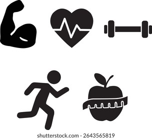 Heart and Wellness Icons: A Healthy Lifestyle with Fitness, Nutrition, and Physical Health