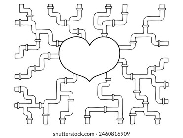 El corazón al que los vasos conectados parecen tuberías. Sistema cardiovascular. Dibujo a mano alzada Doodle. Dibujado A Mano. Esquema.	