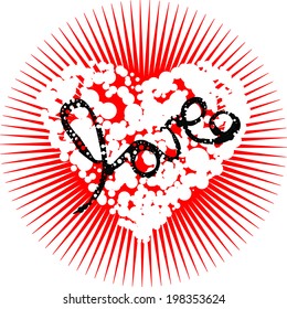 a heart of white bubbles on white background illustration red light. written in black in the middle of handwriting 'LOVE' got the message. for  t shirts and sweatshirts printed pattern vector design.