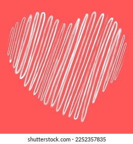 Heart white chalk texture on a red background. Clipart vector illustration.