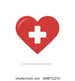 Heart with a white cross isolated on white background. Healthcare concept. Medical hospital symbol icon. Vector stock