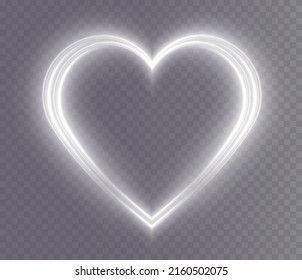 Heart white with flashes isolated on transparent background. Light heart for holiday cards, banners, invitations. Heart-shaped gold wire glow. PNG image