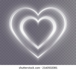 Heart white with flashes isolated on transparent background. Light heart for holiday cards, banners, invitations. Heart-shaped gold wire glow. PNG image