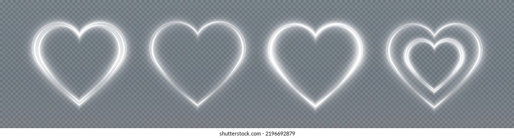 Heart white with flashes isolated on transparent background. Light heart for holiday cards, banners, invitations. Heart-shaped gold wire glow. PNG image	

